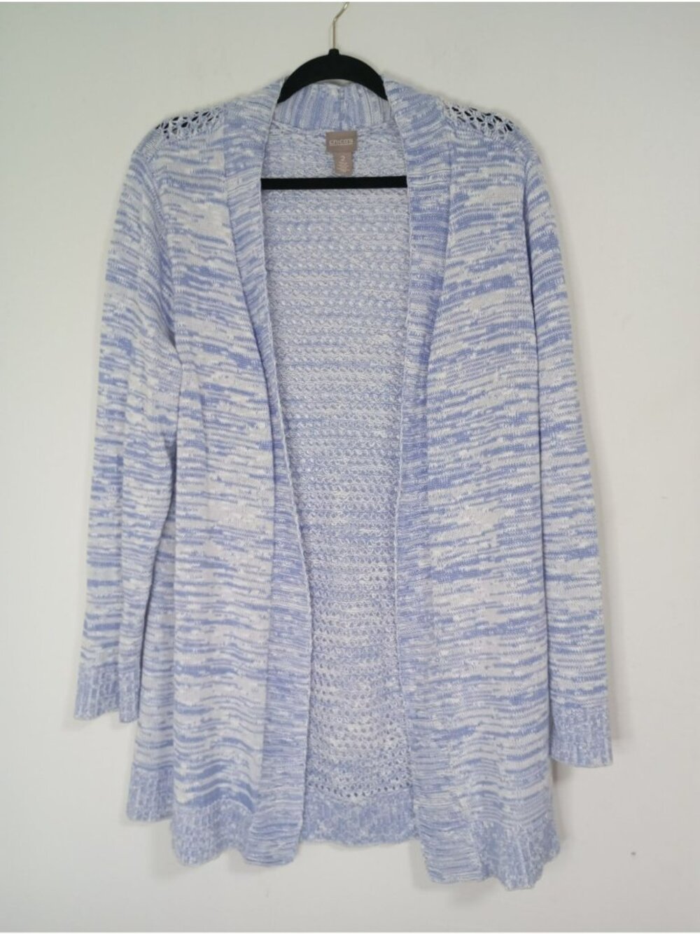 Chicos Open Front Light Blue White Marled Knit Cardigan Sweater Sz 2 100% Cotton
